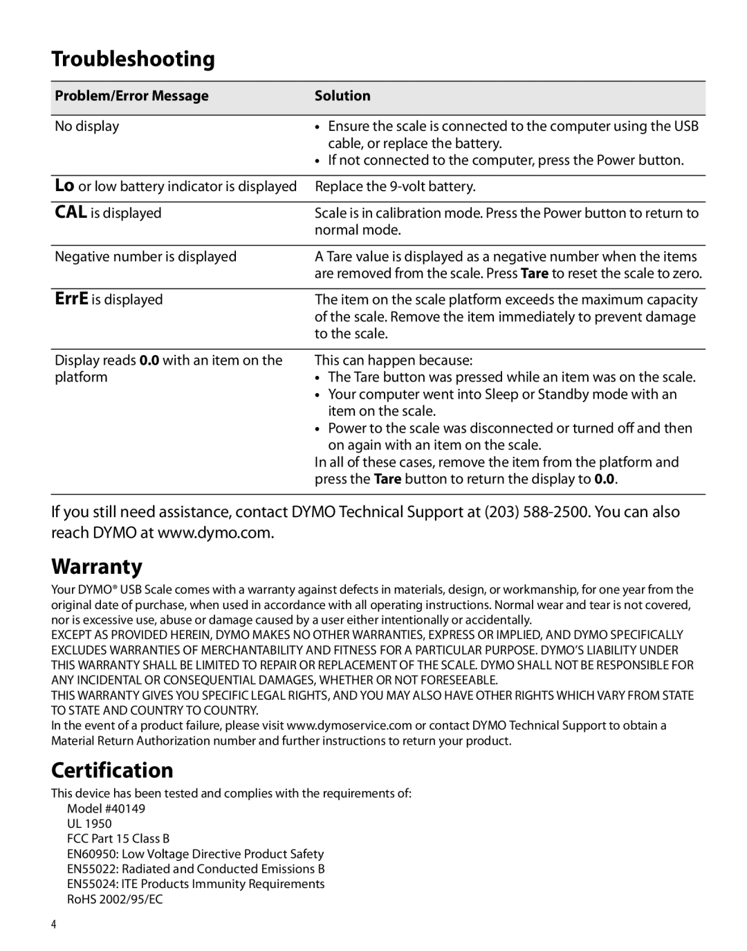 Dymo 40149 manual Troubleshooting, Warranty, Certification 