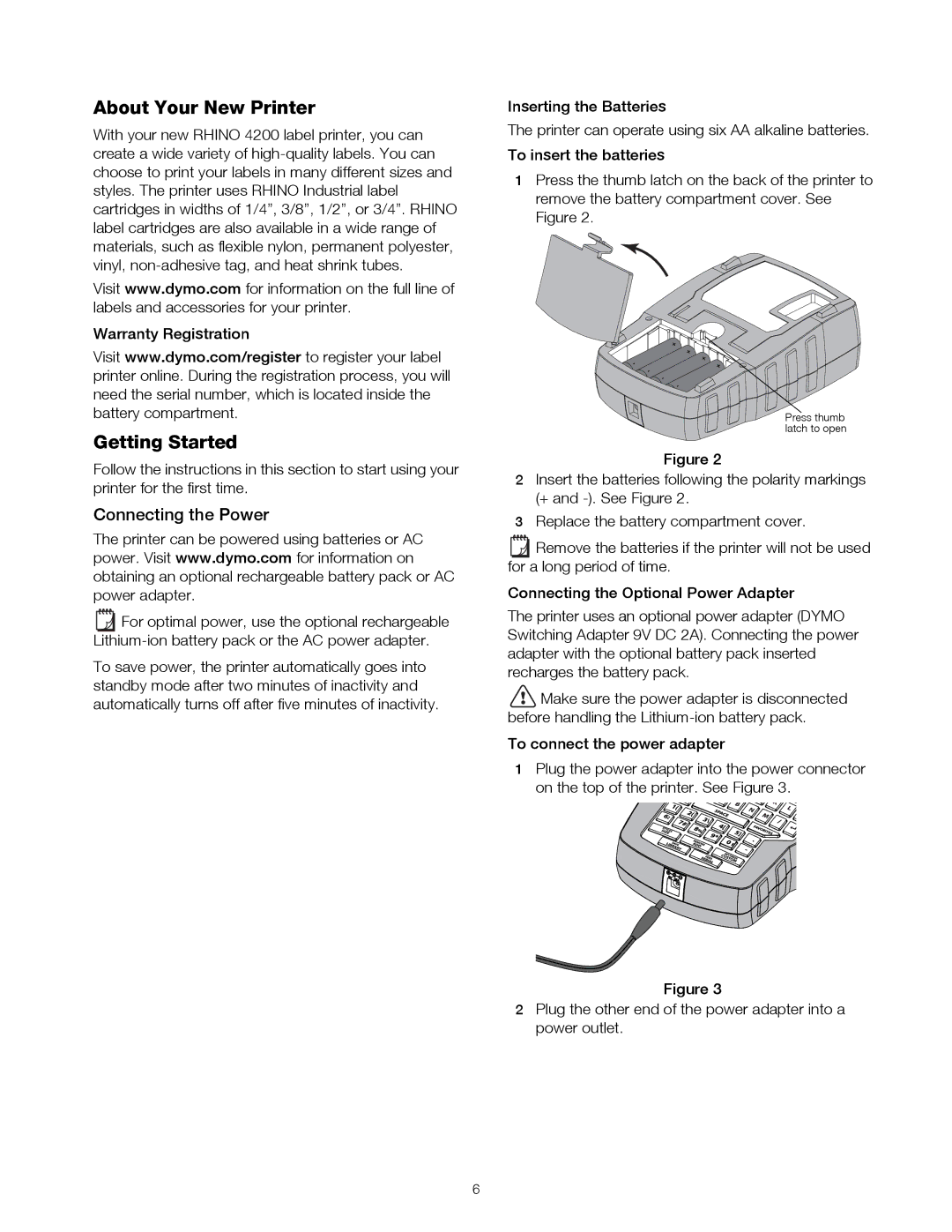 Dymo 4200 manual About Your New Printer, Getting Started, Connecting the Power 