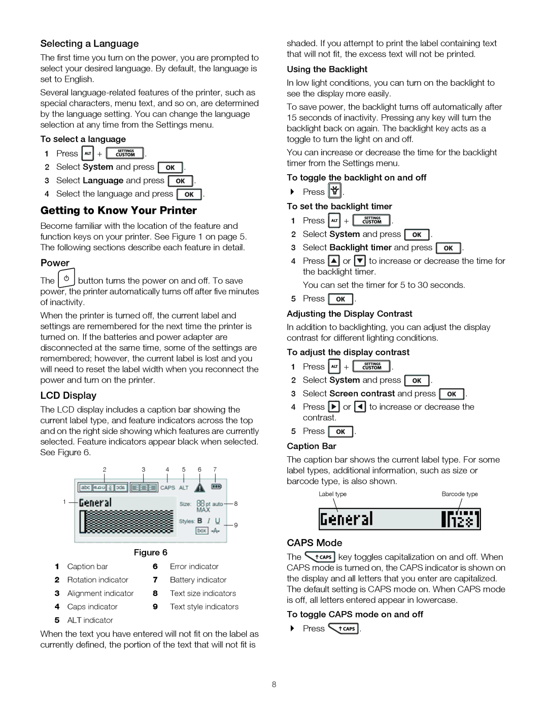 Dymo 4200 manual Getting to Know Your Printer, Selecting a Language, Power, LCD Display, Caps Mode 