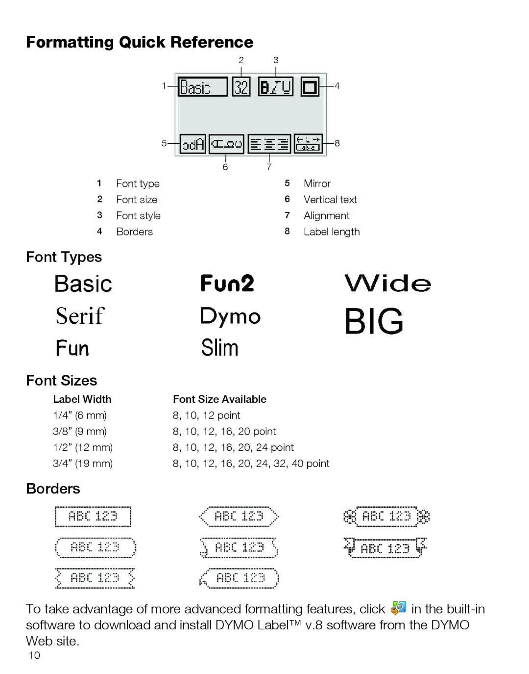 Dymo 420P quick start Formatting Quick Reference, Font Types Font Sizes, Borders 