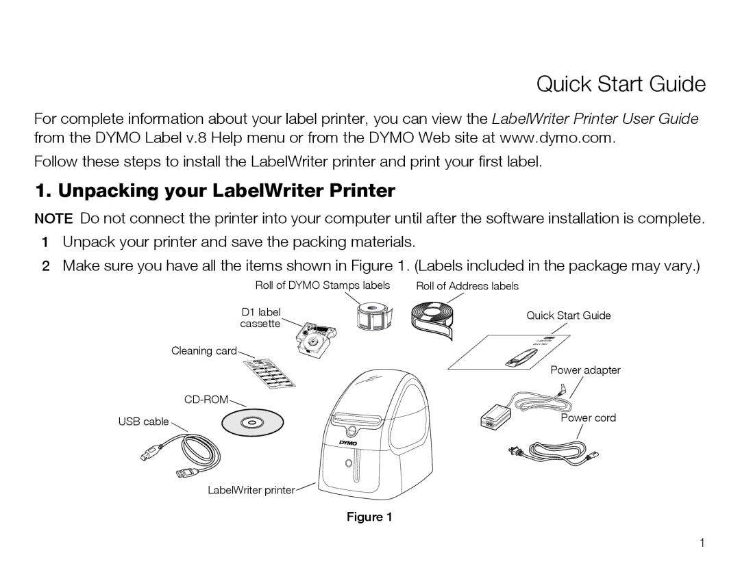 Dymo 450 Duo quick start Quick Start Guide, Unpacking your LabelWriter Printer 