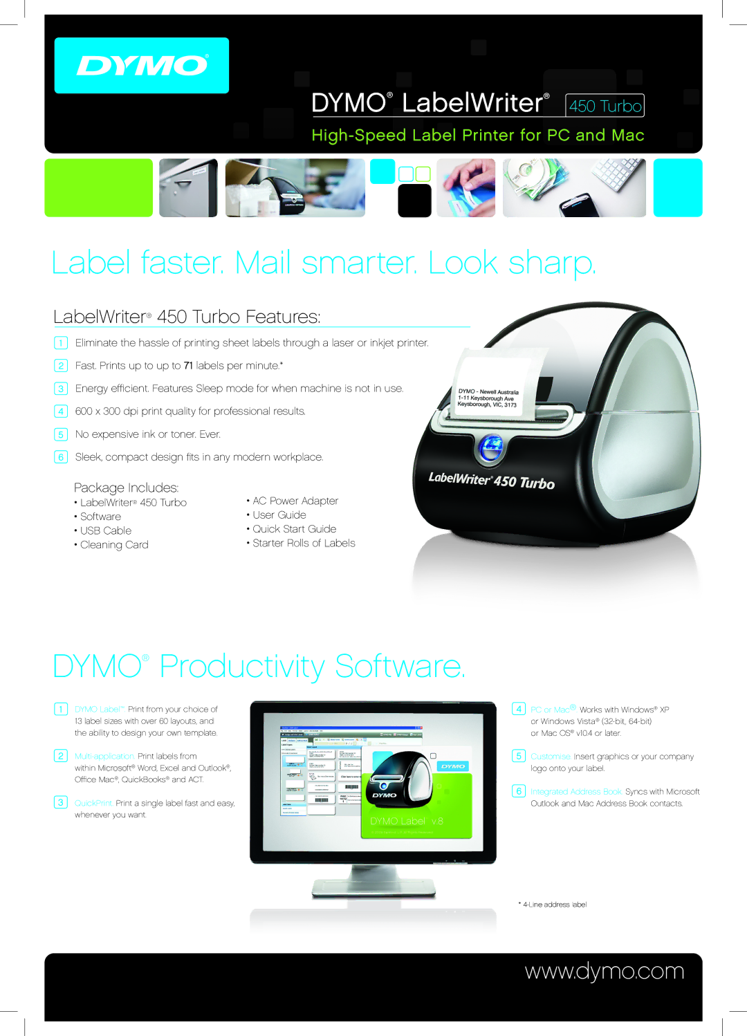 Dymo 450 TURBO quick start Label faster. Mail smarter. Look sharp, Dymo Productivity Software 