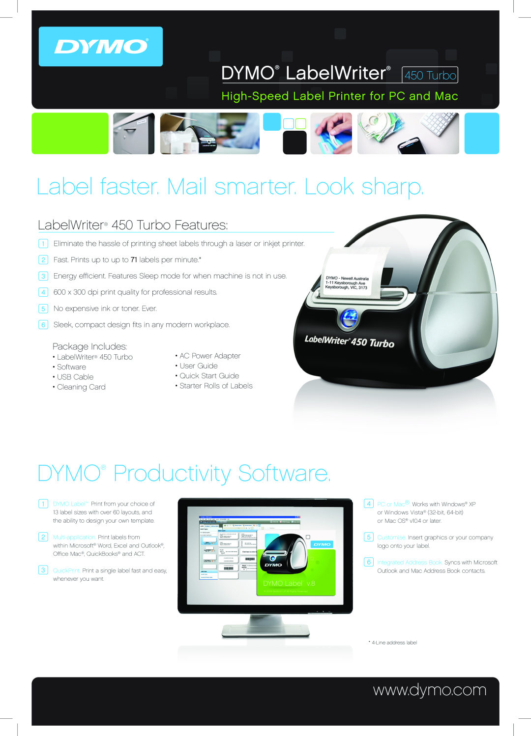 Dymo 450 TURBO quick start Label faster. Mail smarter. Look sharp, DYMO Productivity Software, DYMO LabelWriter 450 Turbo 