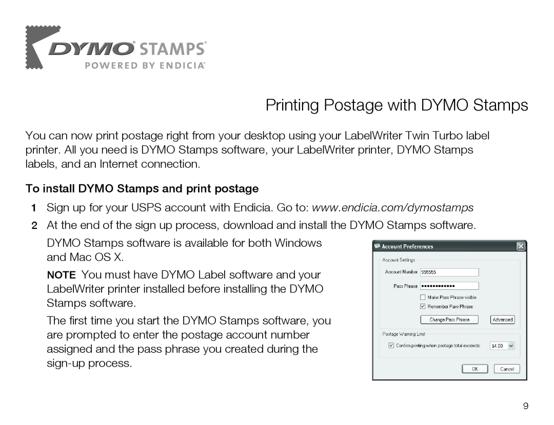 Dymo 450 TWIN TURBO quick start Printing Postage with DYMO Stamps 
