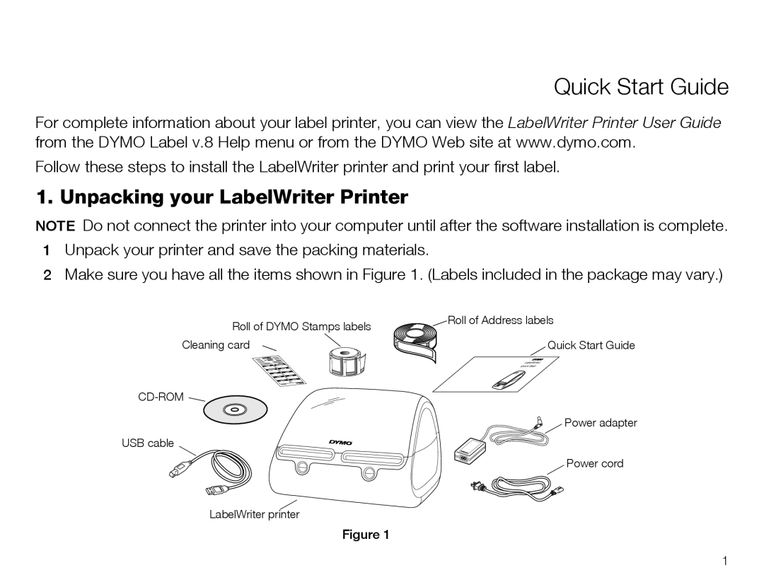 Dymo 450 TWIN TURBO quick start Quick Start Guide, Unpacking your LabelWriter Printer 