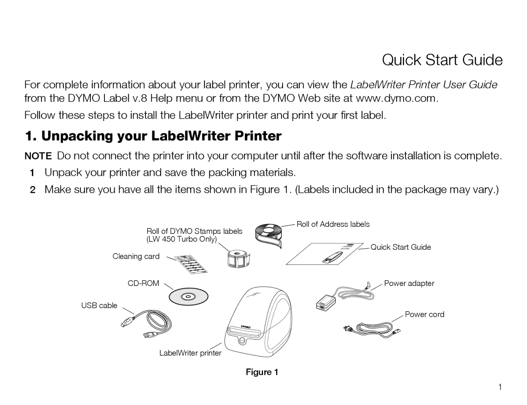 Dymo 450&450 turbo quick start Quick Start Guide, Unpacking your LabelWriter Printer 