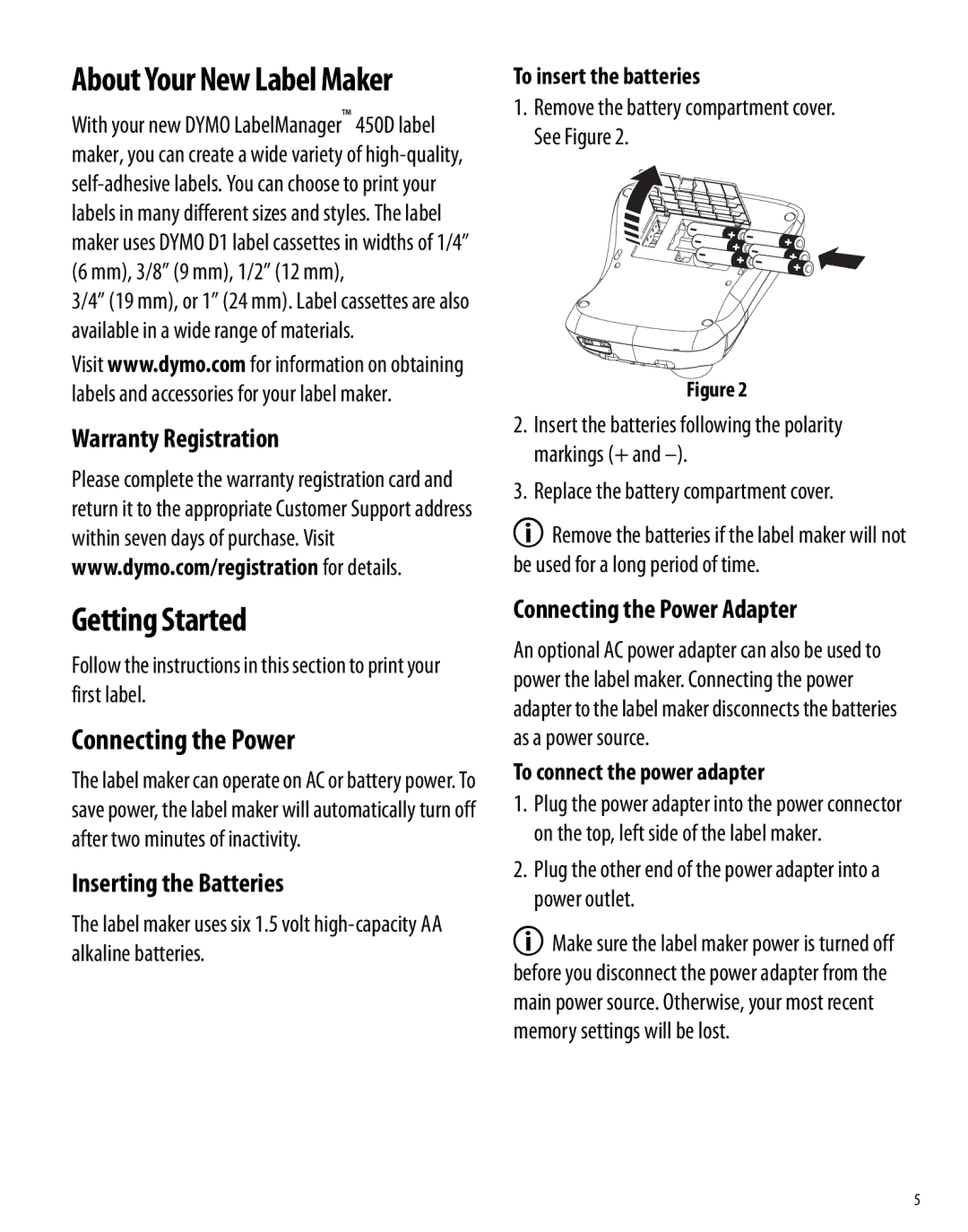 Dymo 450D manual Getting Started, Connecting the Power, Warranty Registration, Inserting the Batteries 