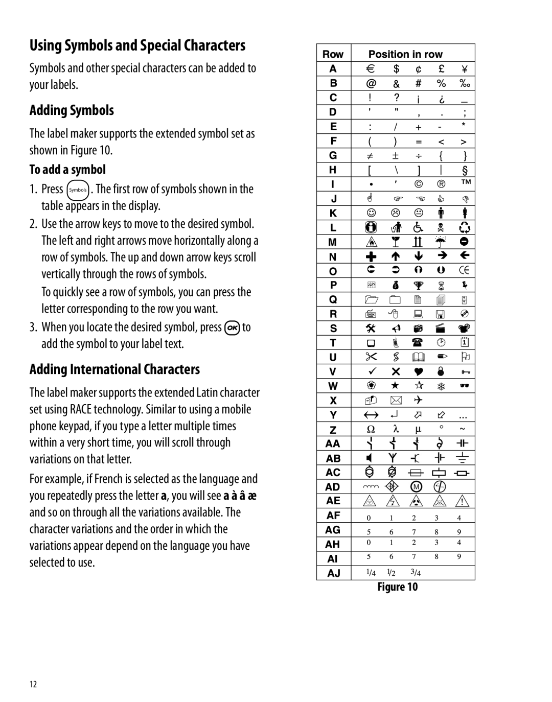 Dymo 450D manual Using Symbols and Special Characters, Adding Symbols, Adding International Characters, To add a symbol 