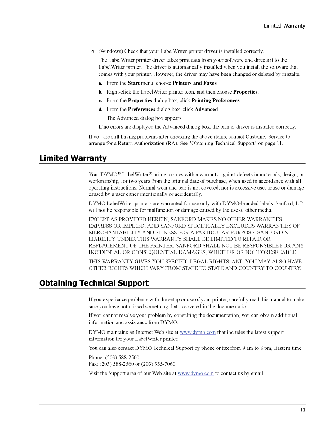 Dymo 4XL manual Limited Warranty, Obtaining Technical Support 