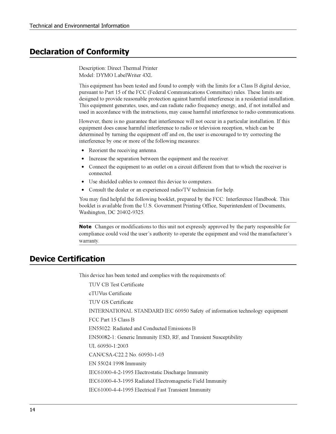 Dymo 4XL manual Declaration of Conformity, Device Certification 