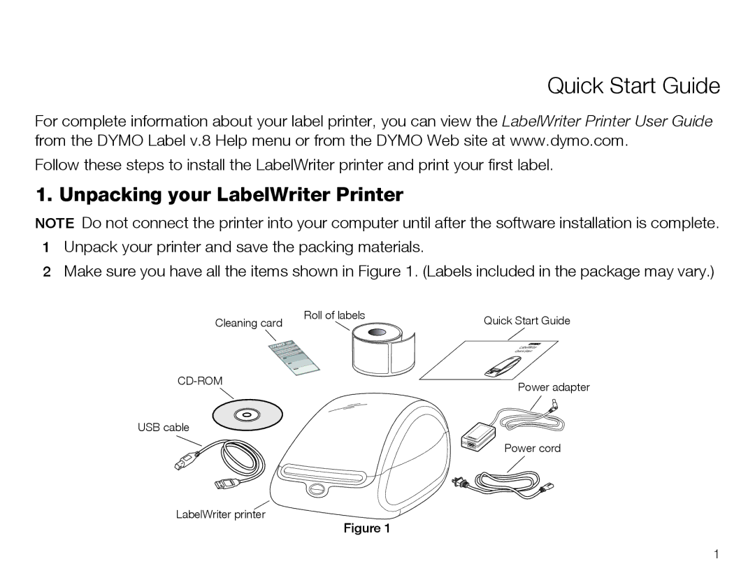 Dymo 4XL manual Quick Start Guide, Unpacking your LabelWriter Printer 