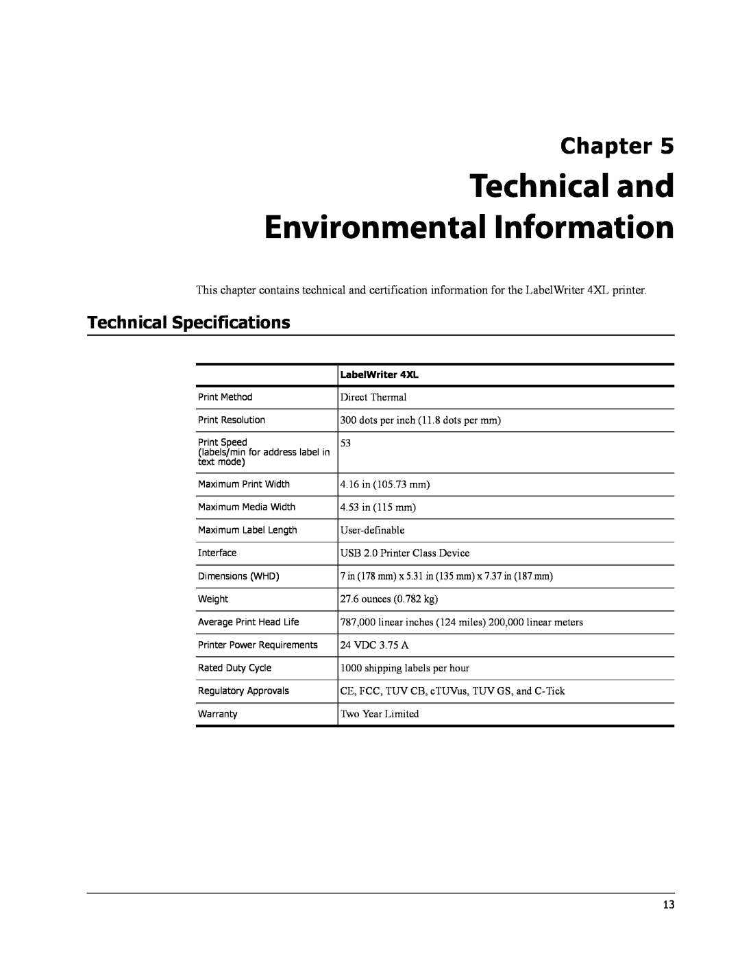 Dymo 4XL manual Technical and Environmental Information, Technical Specifications, Chapter 