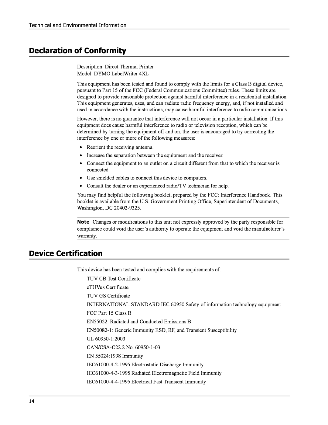 Dymo 4XL manual Declaration of Conformity, Device Certification 