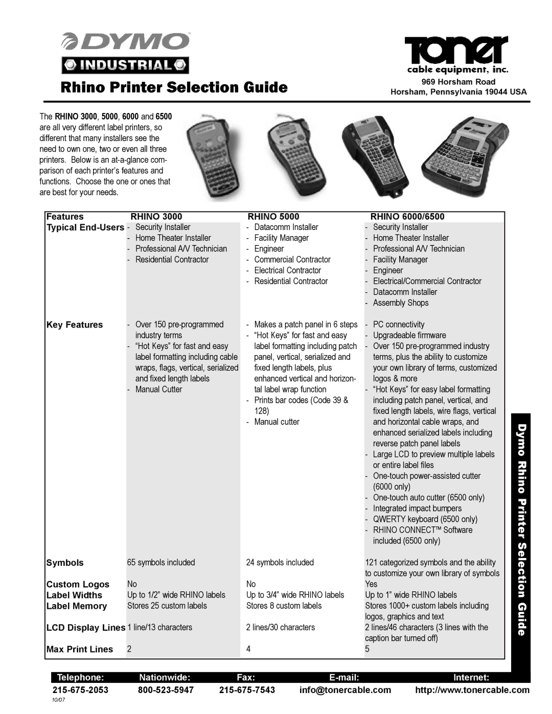 Dymo 3000, 5000 manual Key Features, Symbols, Custom Logos, Label Widths, Label Memory, LCD Display Lines, Max Print Lines 