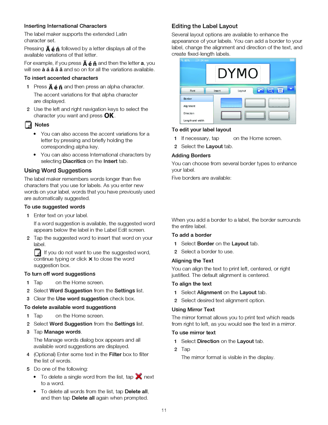 Dymo 1790417, 500TS manual Using Word Suggestions, Editing the Label Layout 