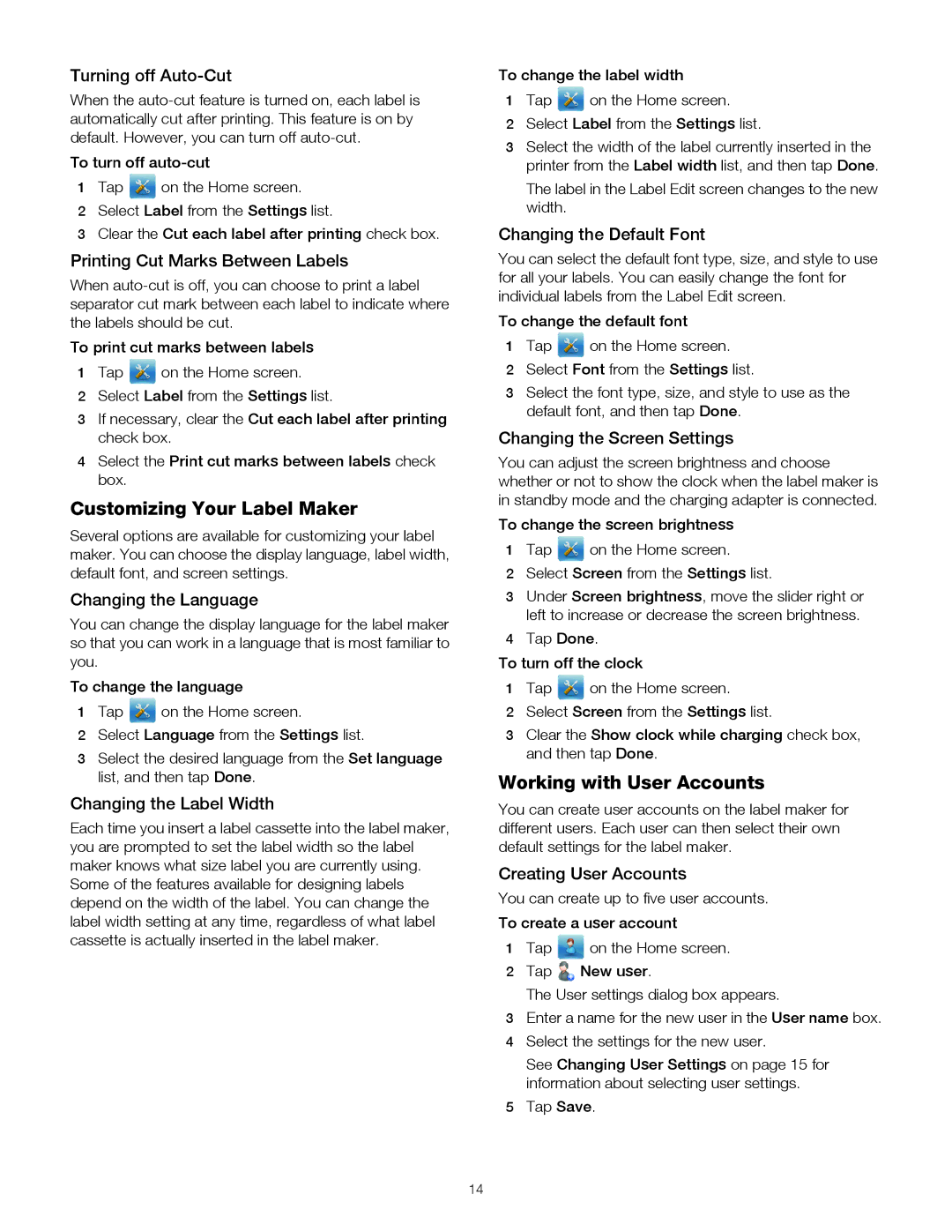 Dymo 500TS, 1790417 manual Customizing Your Label Maker, Working with User Accounts 