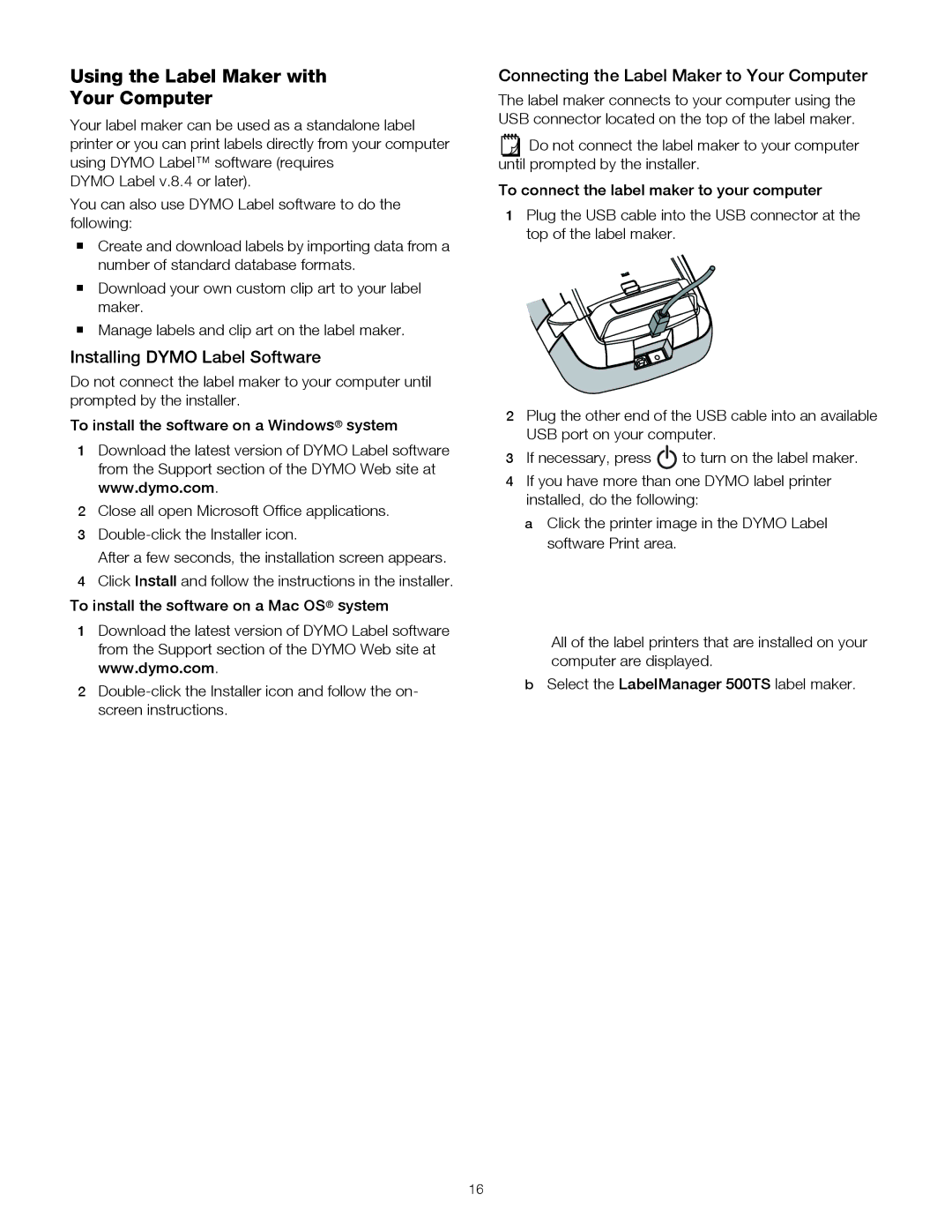 Dymo 500TS, 1790417 manual Using the Label Maker with Your Computer, Installing Dymo Label Software 