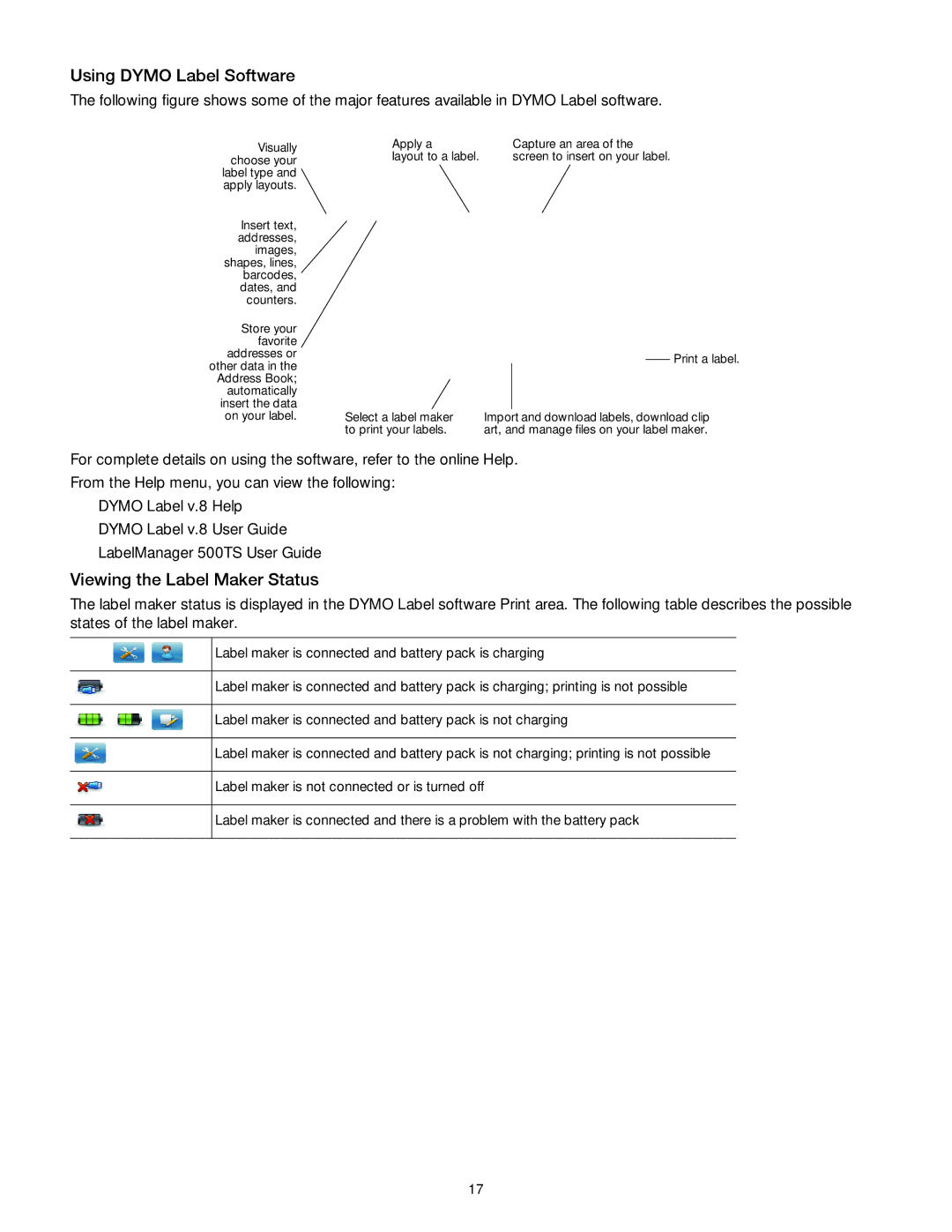 Dymo 1790417, 500TS manual Using Dymo Label Software, Viewing the Label Maker Status 