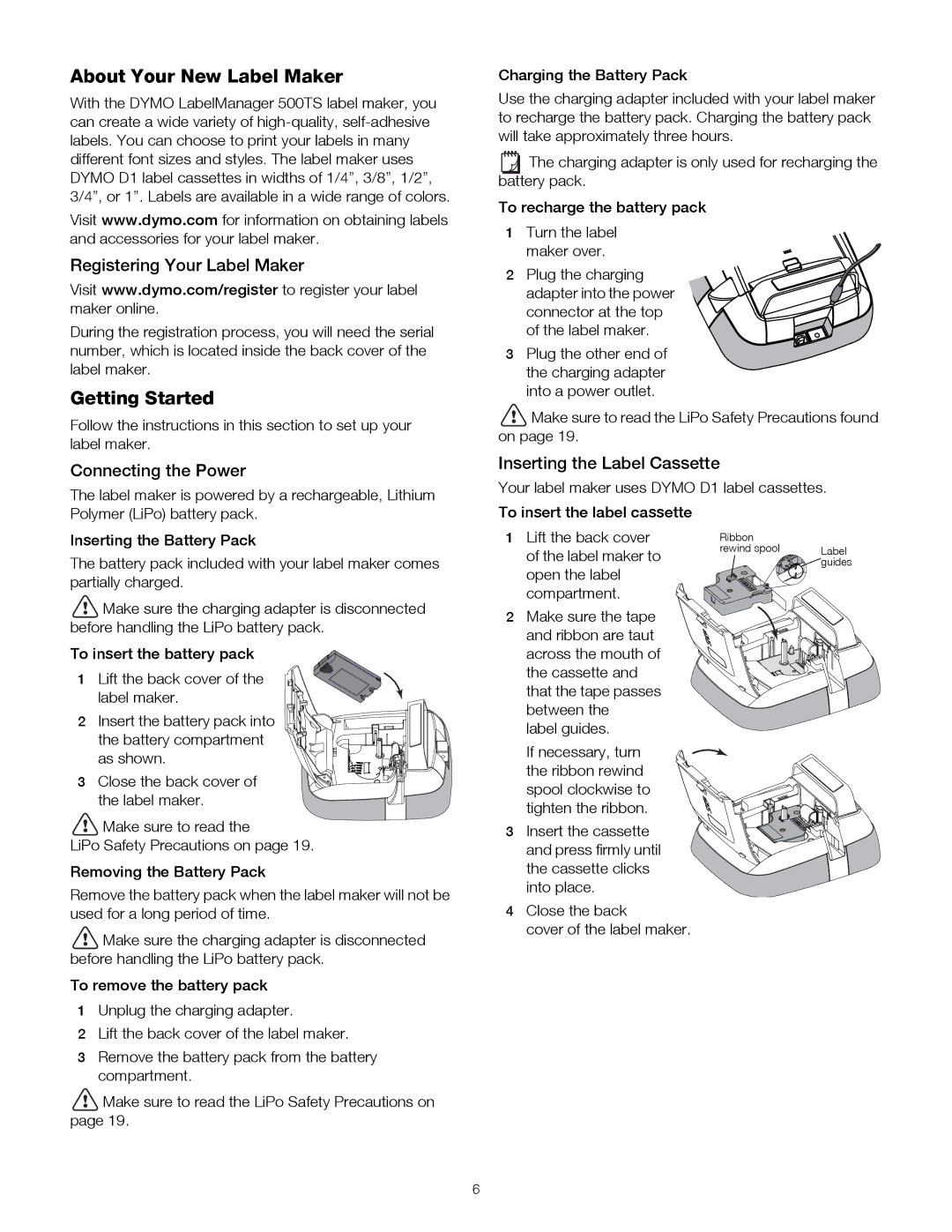 Dymo 500TS, 1790417 manual About Your New Label Maker, Getting Started, Registering Your Label Maker, Connecting the Power 