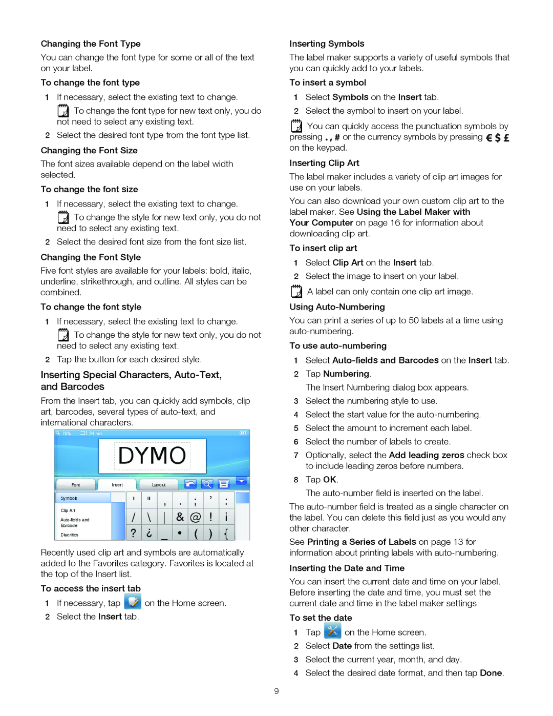 Dymo 1790417, 500TS manual Inserting Special Characters, Auto-Text, and Barcodes 