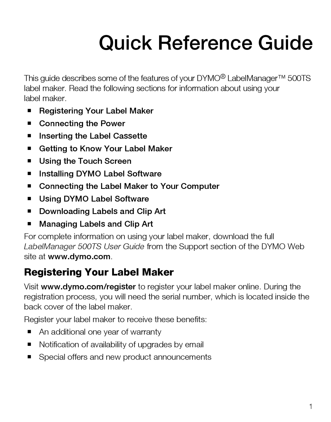 Dymo 500TS warranty Quick Reference Guide, Registering Your Label Maker 