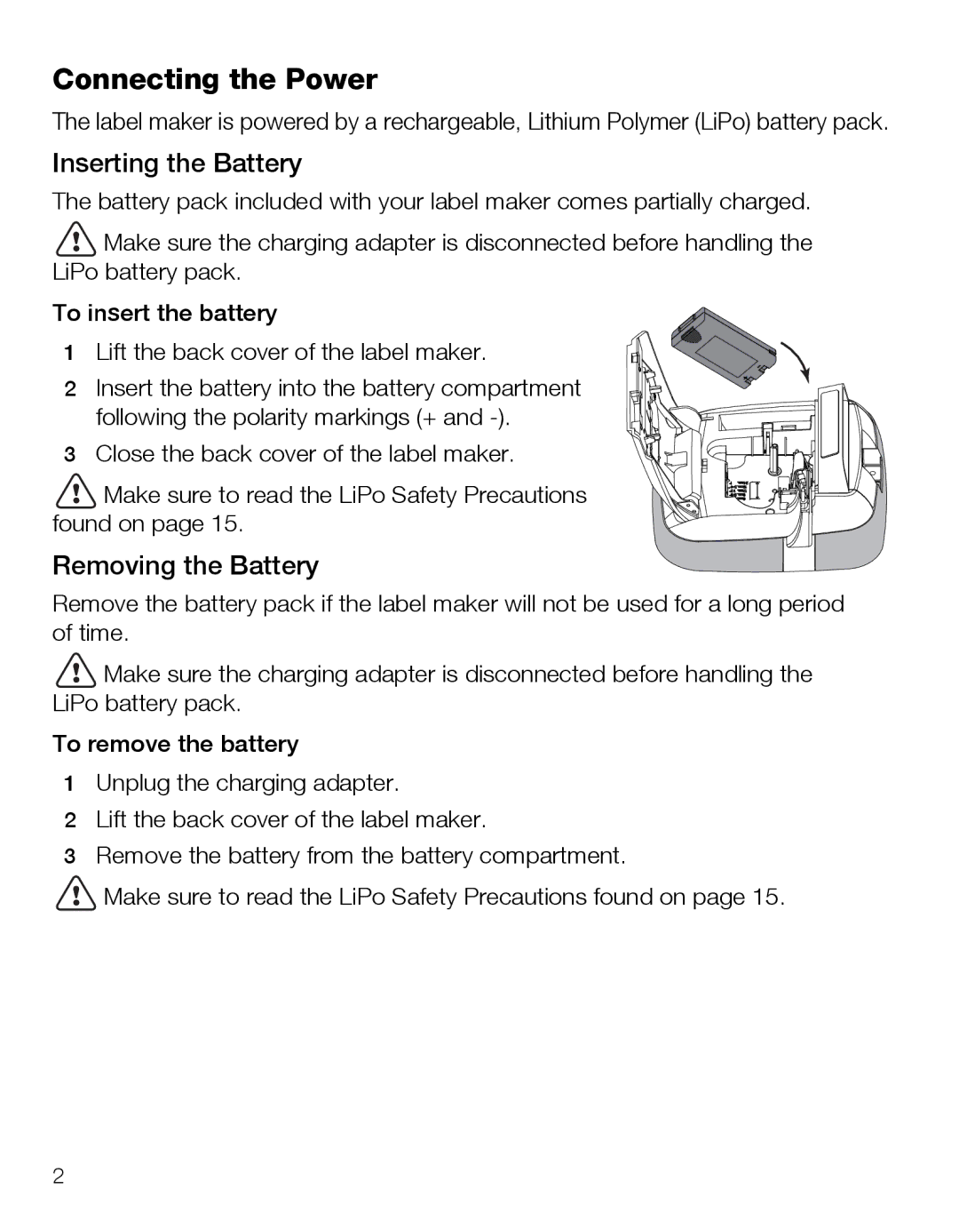 Dymo 500TS warranty Connecting the Power, Inserting the Battery, Removing the Battery 