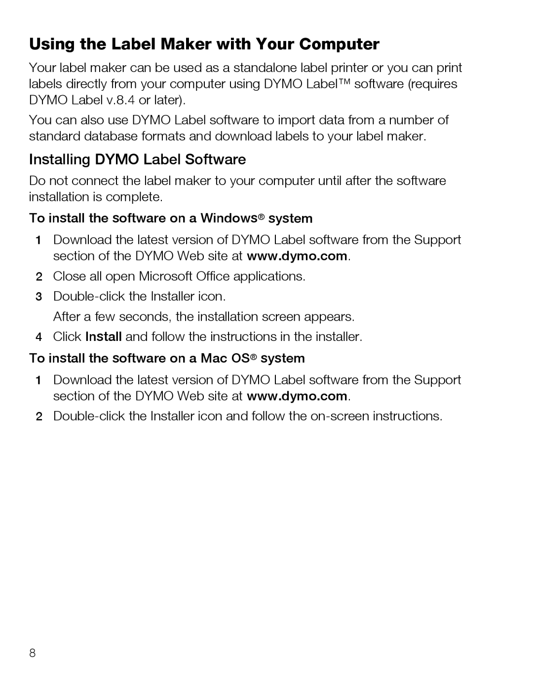 Dymo 500TS warranty Using the Label Maker with Your Computer, Installing Dymo Label Software 