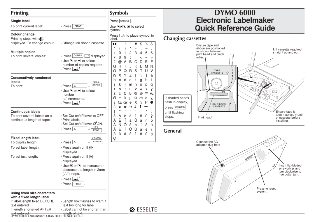 Dymo 6000 manual Printing, Symbols, Changing cassettes, General 