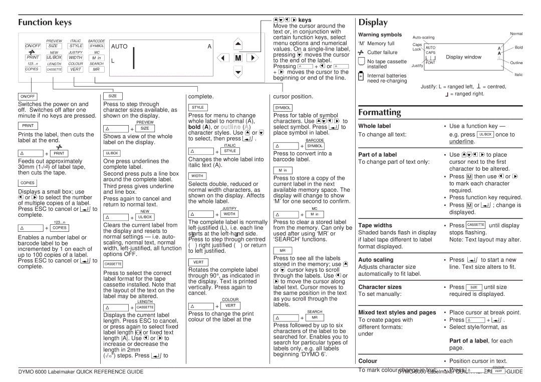 Dymo 6000 manual Function keys, Display, Formatting 