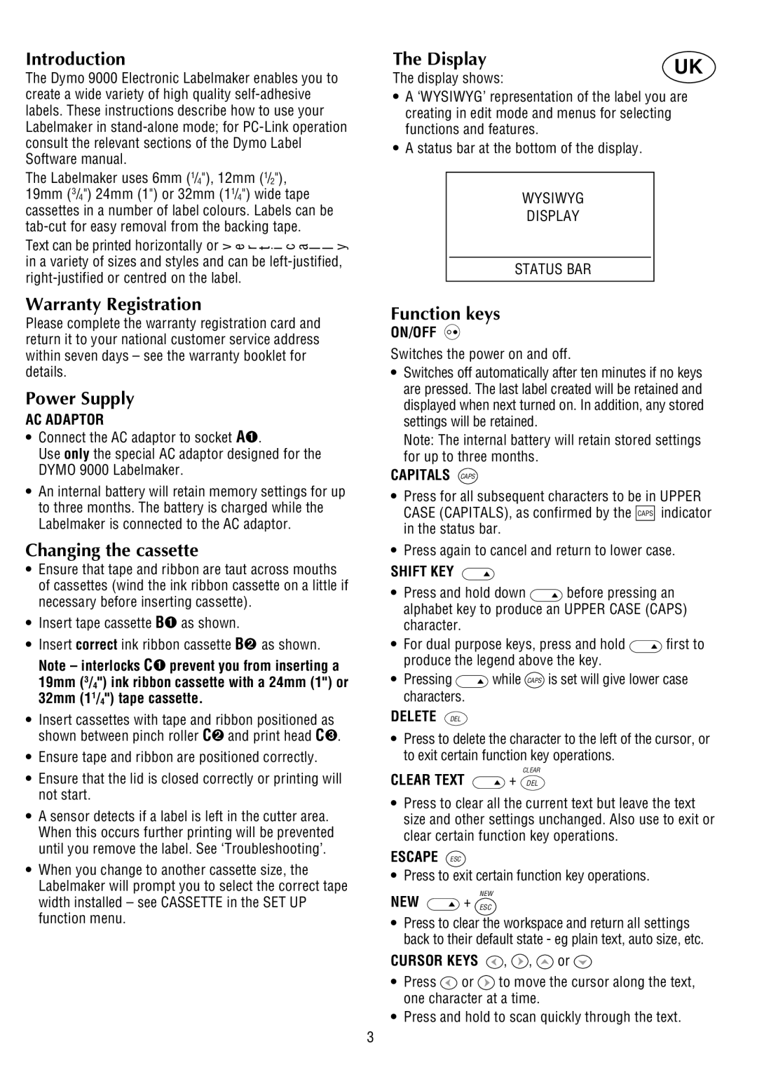 Dymo 9000 manual Introduction, Warranty Registration, Power Supply, Changing the cassette, Display, Function keys 