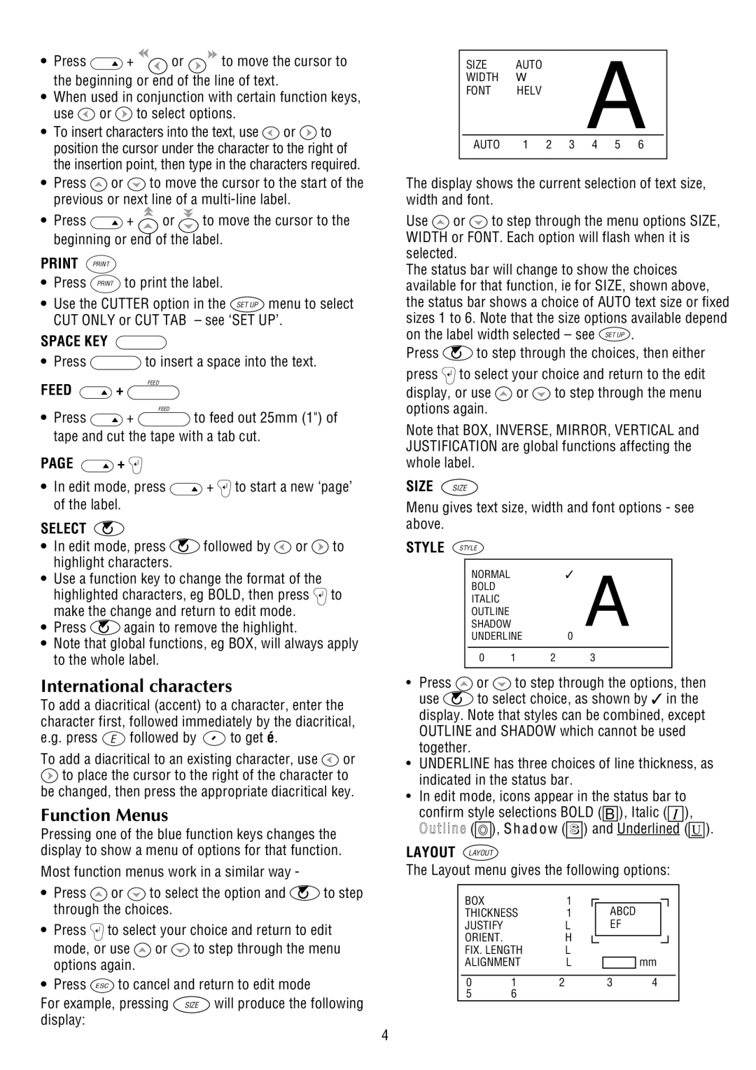 Dymo 9000 manual International characters, Function Menus 