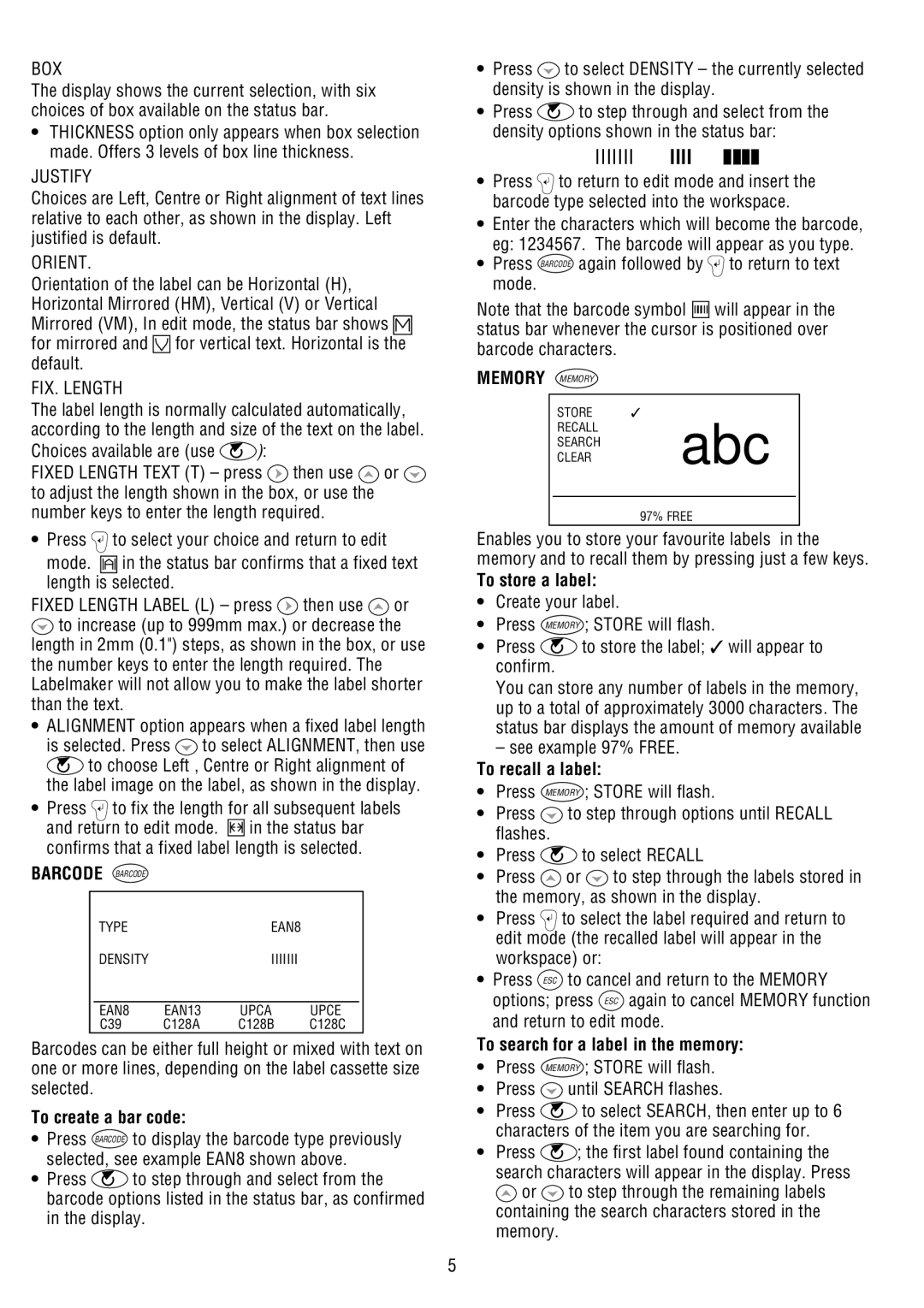 Dymo 9000 manual Barcode Barcode, Memory Memory 