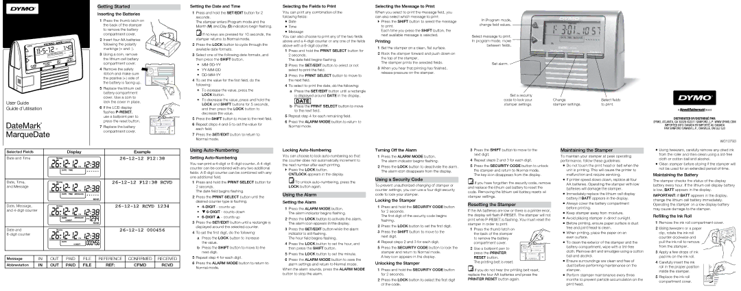 Dymo DATEMARK manual Getting Started, Using Auto-Numbering, Using the Alarm, Using a Security Code, Resetting the Stamper 