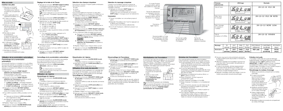 Dymo DATEMARK Mise en route, Utilisation de la numérotation automatique, Utilisation de lalarme, Entretien de lhorodateur 