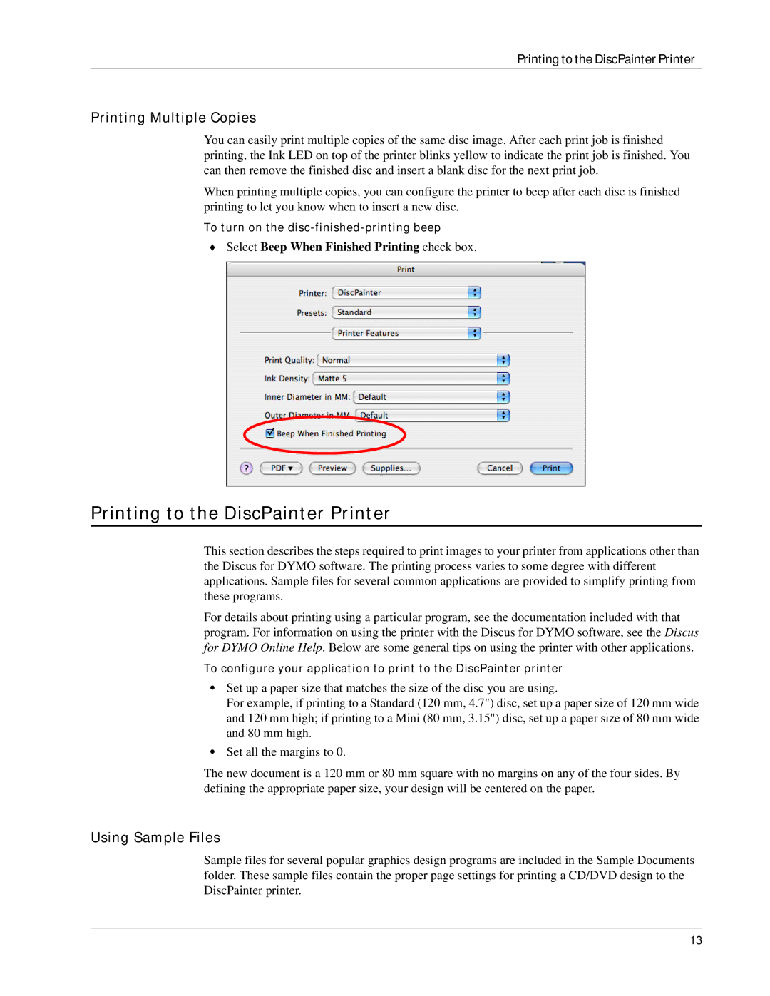 Dymo manual Printing to the DiscPainter Printer, Printing Multiple Copies, Using Sample Files 