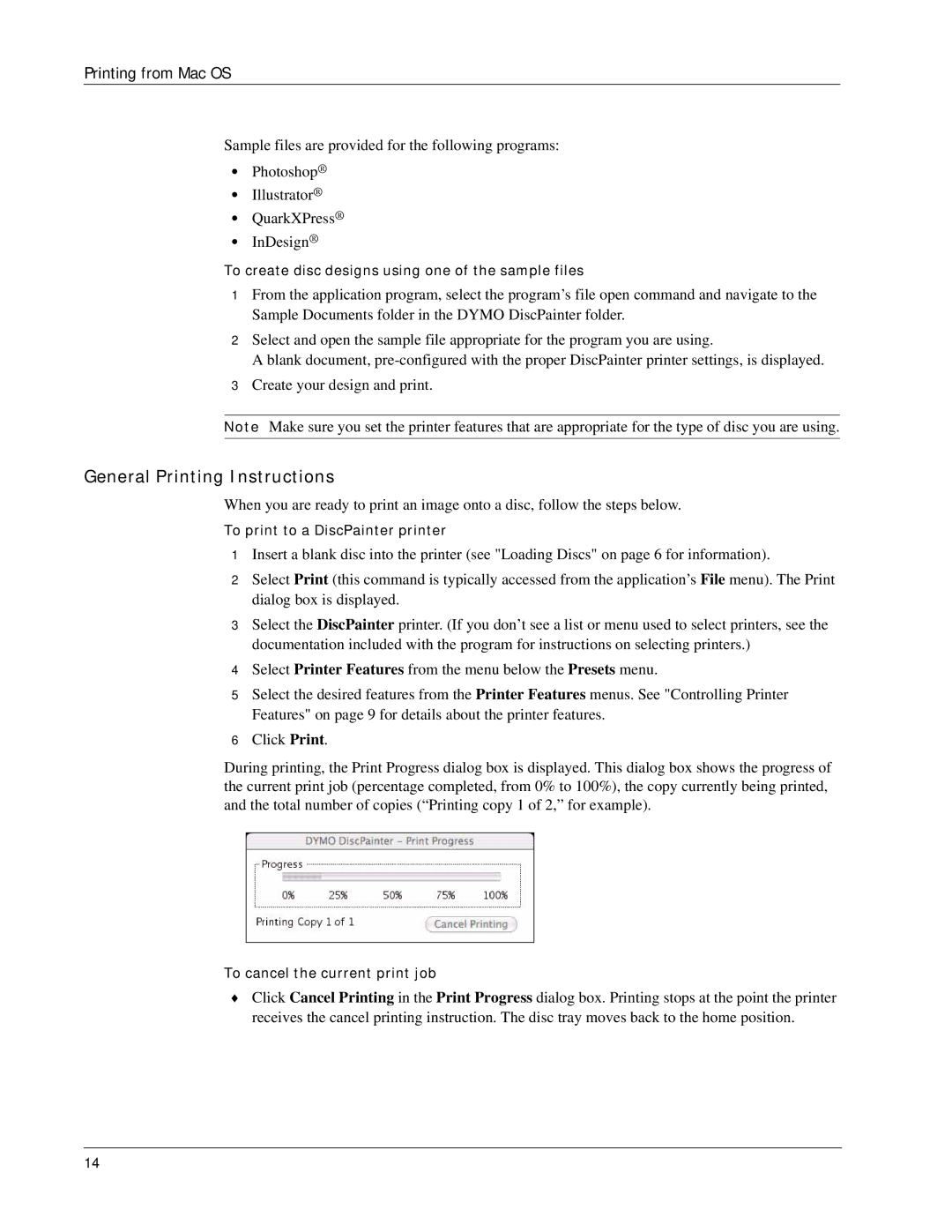 Dymo DiscPainter manual General Printing Instructions 