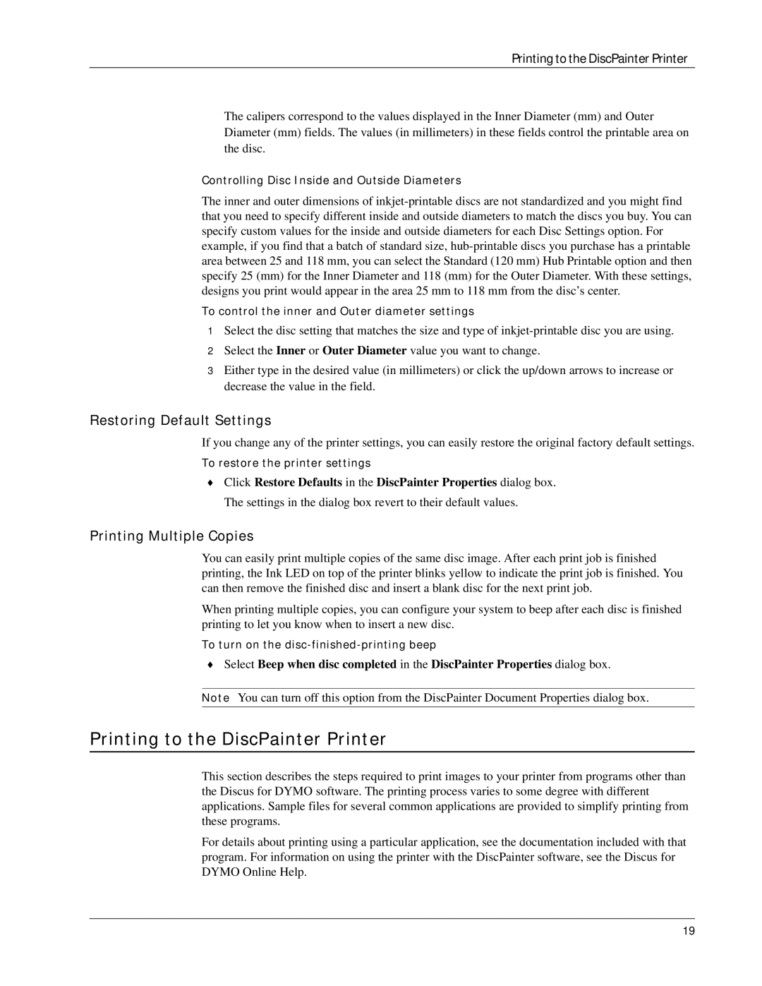 Dymo DiscPainter manual Restoring Default Settings, Printing Multiple Copies 