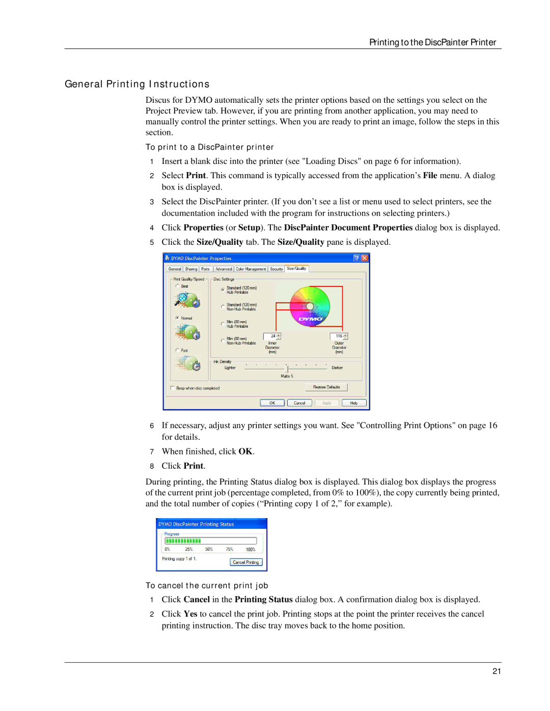 Dymo DiscPainter manual General Printing Instructions 