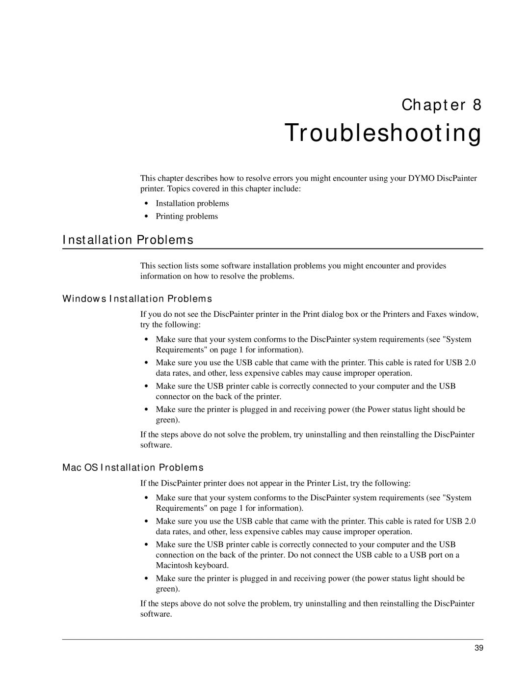 Dymo DiscPainter manual Troubleshooting, Windows Installation Problems, Mac OS Installation Problems 