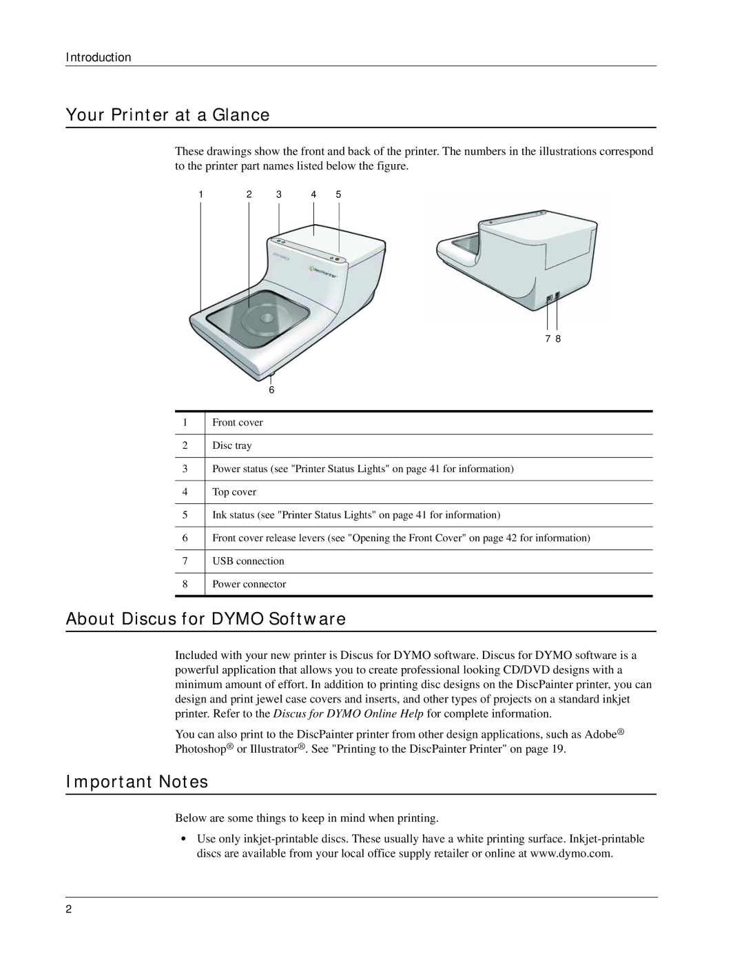 Dymo DiscPainter manual Your Printer at a Glance, About Discus for Dymo Software, Important Notes 