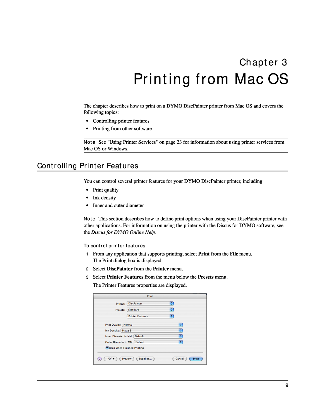 Dymo DiscPainter manual Printing from Mac OS, Controlling Printer Features, Chapter 