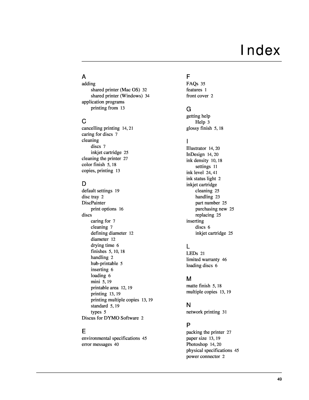 Dymo DiscPainter manual Index 