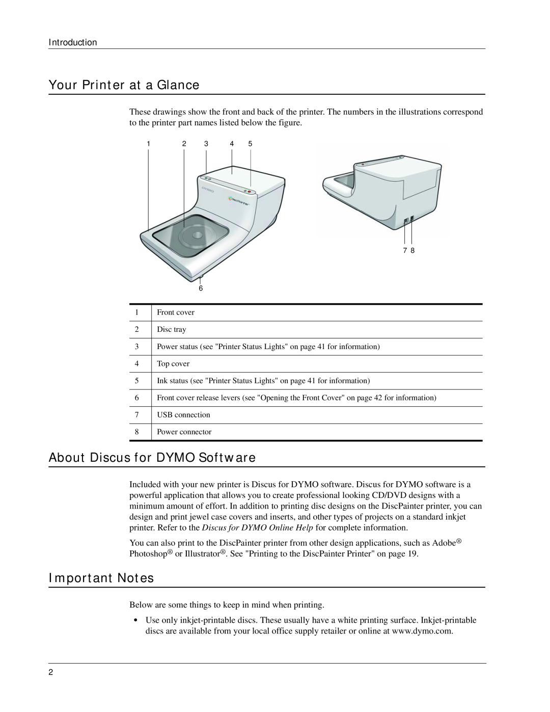 Dymo DiscPainter manual Your Printer at a Glance, About Discus for DYMO Software, Important Notes 