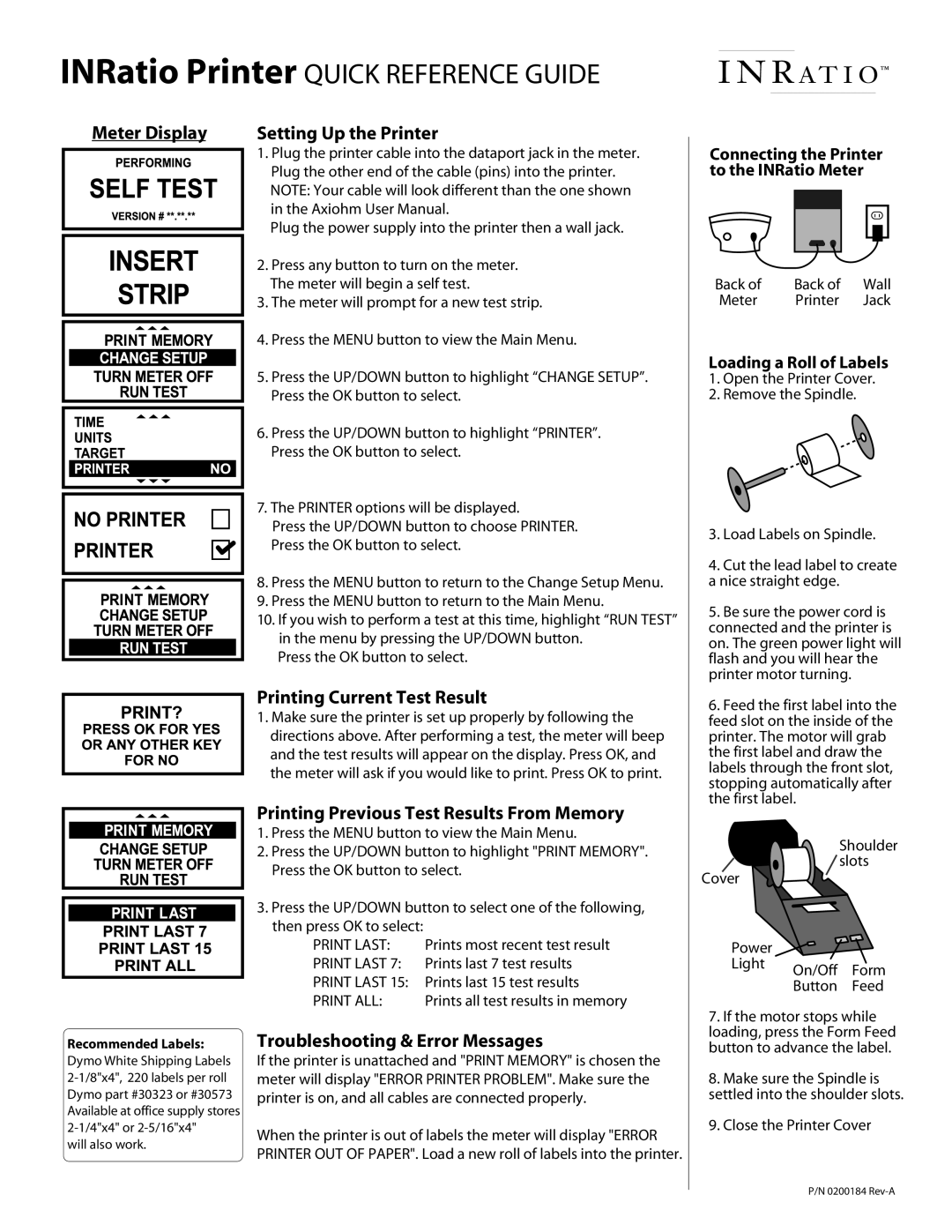 Dymo user manual INRatio Printer QUICK REFERENCE GUIDE, Meter Display, Setting Up the Printer, Loading a Roll of Labels 