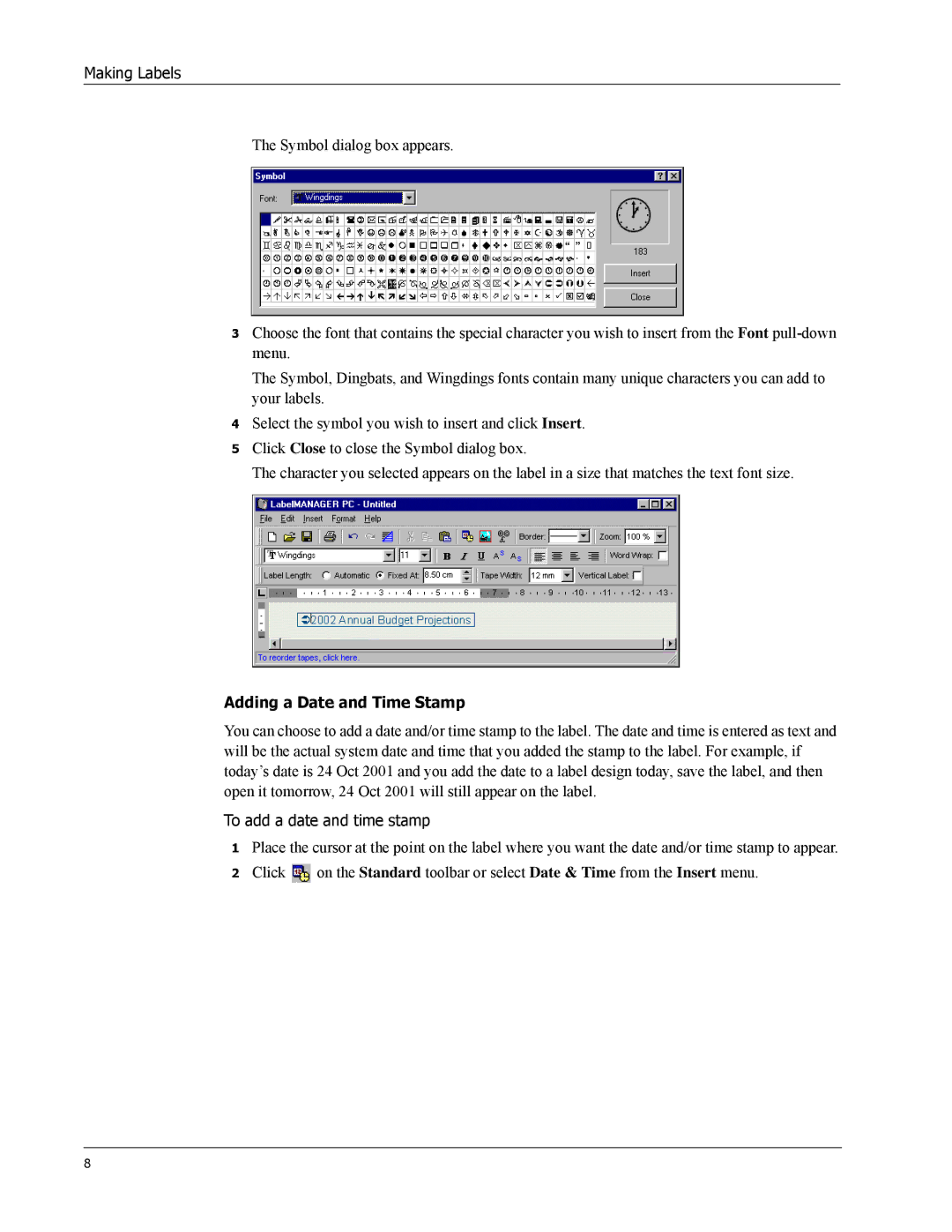 Dymo Label Manager PC manual Adding a Date and Time Stamp 