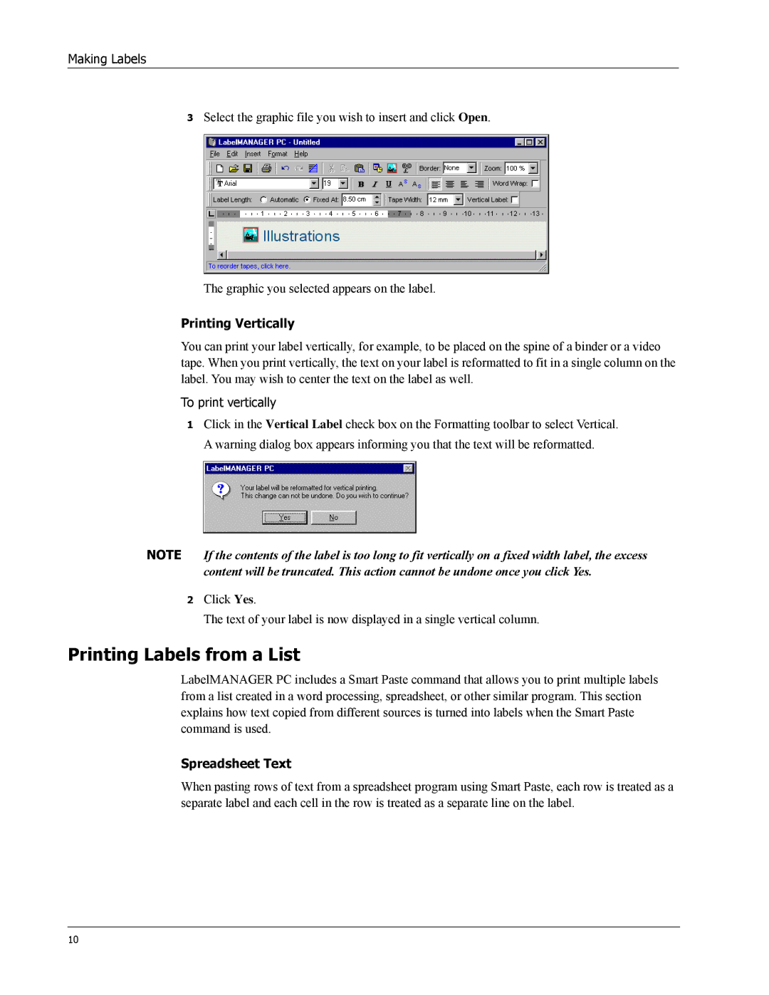 Dymo Label Manager PC manual Printing Labels from a List, Printing Vertically, Spreadsheet Text 