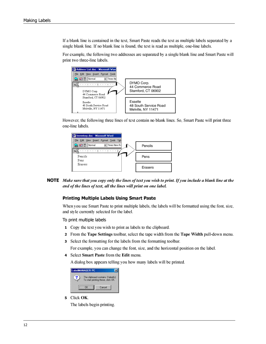 Dymo Label Manager PC manual Printing Multiple Labels Using Smart Paste 