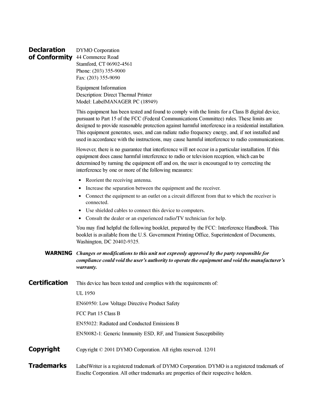 Dymo Label Manager PC manual Declaration of Conformity 