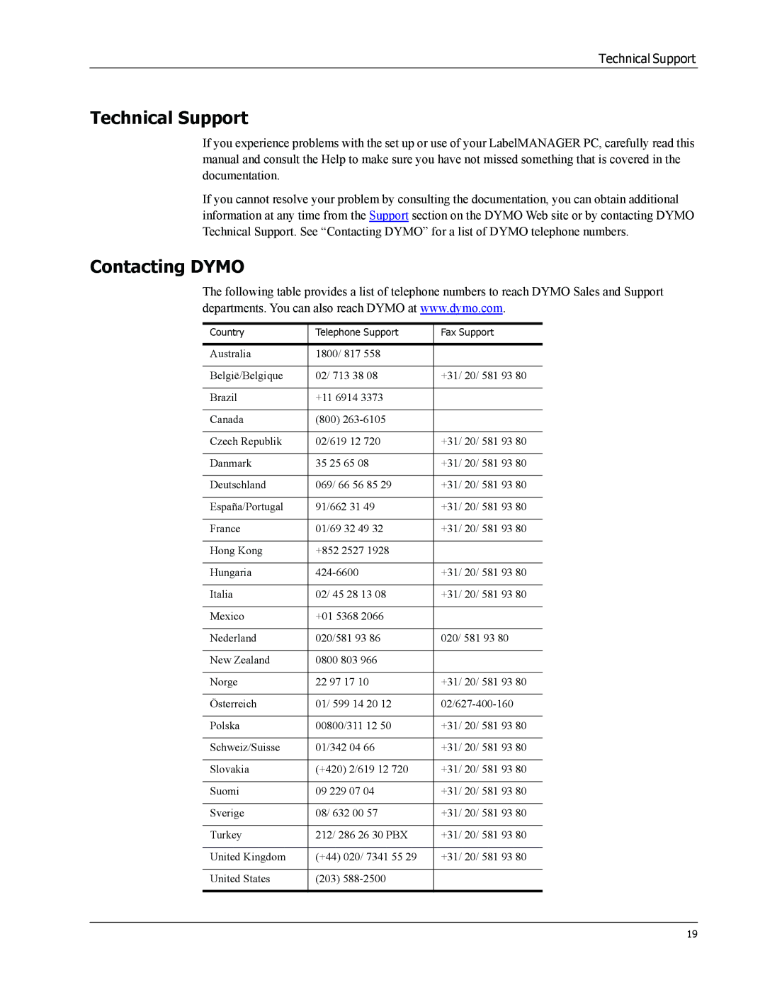 Dymo Label Manager PC manual Technical Support, Contacting Dymo 