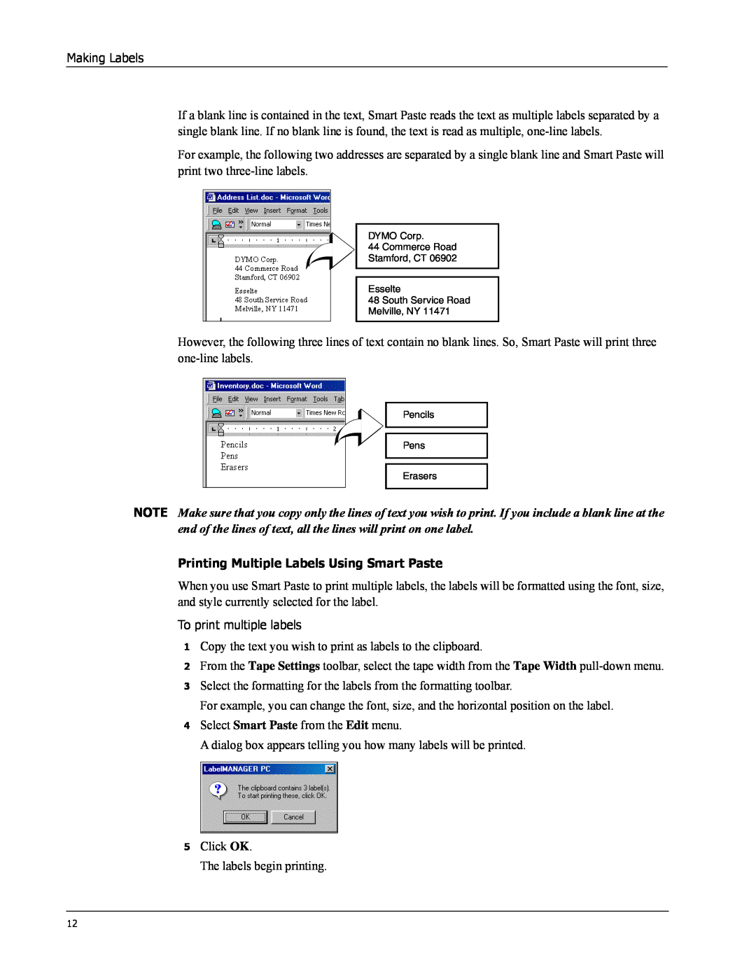 Dymo Label Manager PC manual Printing Multiple Labels Using Smart Paste 